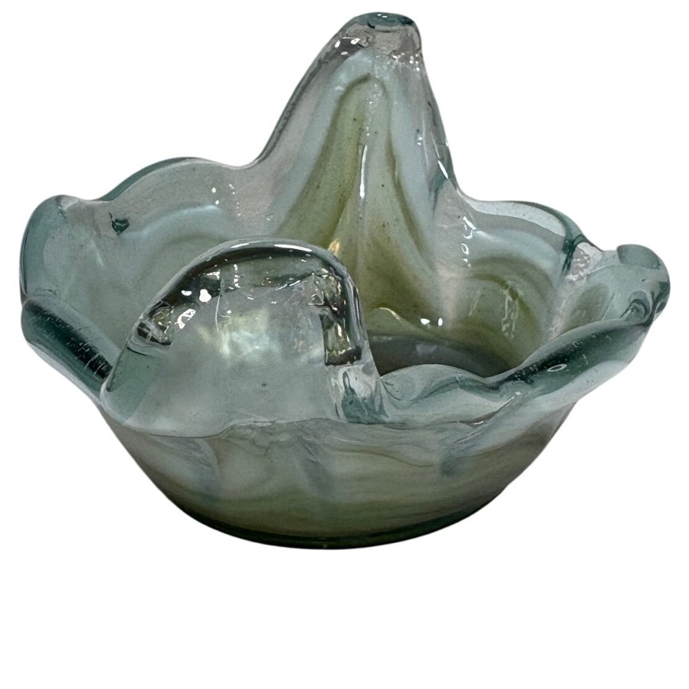 Mid-Century Hand Blown Art Glass Swan Bowl Freeform Splash Green Amber Vintage